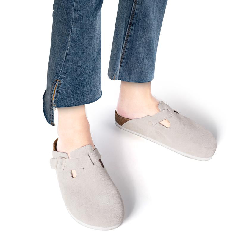SOFTYOHO Clogs for Women Men, Mules with Arch Support and Adjustable Buckle, Suede Leather Cork Footbed Potato Shoes Footwear Boy Comfort Nail