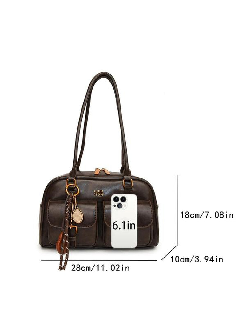 Women'S Retro Solid Color PU Leather Shoulder Bag, Large Capacity Crossbody Bag with Detachable Accessory Charm, Casual Trendy Versatile High-Quality Daily Commuting Bag