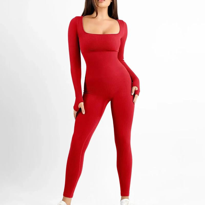 Popilush Sports Seamless Square Neck Long Sleeve Jumpsuits-Live