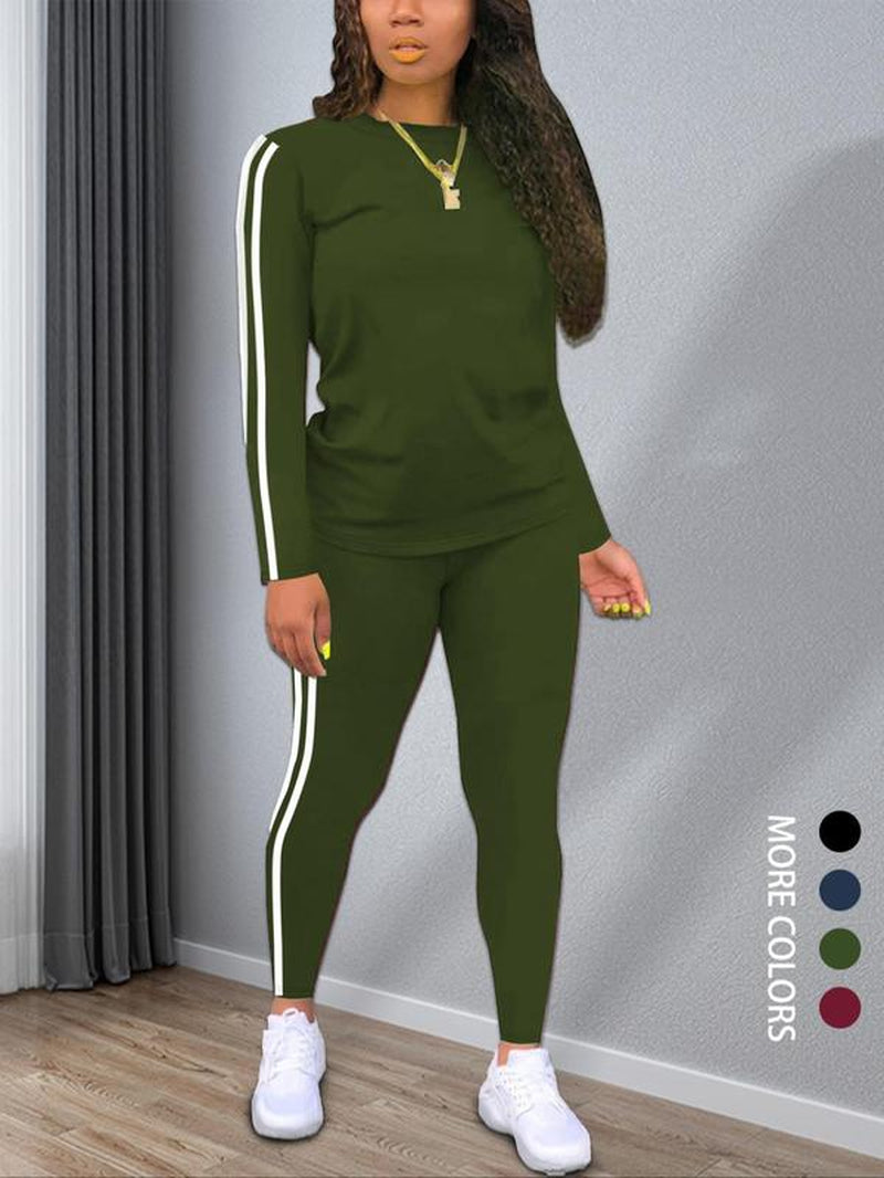 Women'S Striped Print Long Sleeve Top & Pants Two-Piece Set, Casual Fashion Cozy round Neck Top & Trousers for Daily Outdoor Wear, Ladies Clothes for Spring