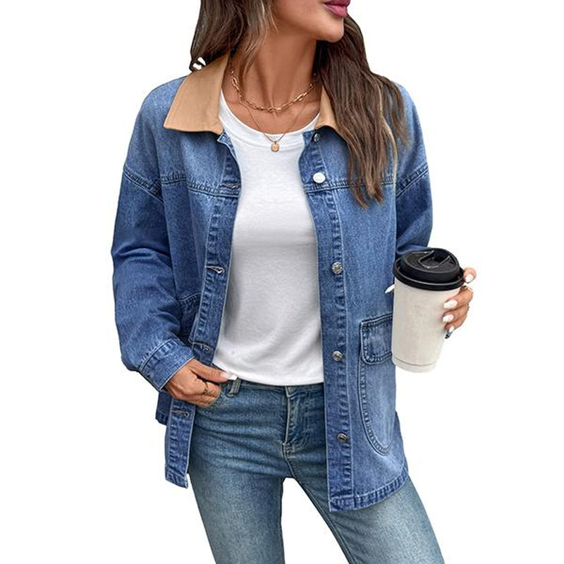 EVALESS Casual Fall Jacket for Women,Lady Plain Loose Fit Cotton Denim Jacket,Lapel Long Sleeve Button down Lightweight Coats with Pocket,2025 Fashion Womenswear Fall Winter Outfits