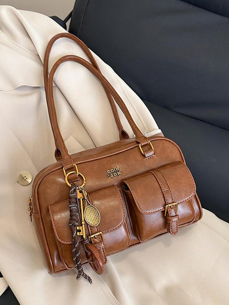 Women'S Retro Solid Color PU Leather Shoulder Bag, Large Capacity Crossbody Bag with Detachable Accessory Charm, Casual Trendy Versatile High-Quality Daily Commuting Bag