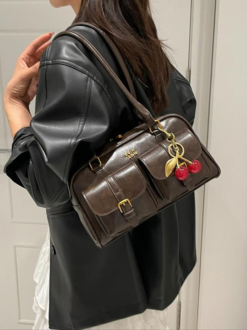 Women'S Retro Solid Color PU Leather Shoulder Bag, Large Capacity Crossbody Bag with Detachable Accessory Charm, Casual Trendy Versatile High-Quality Daily Commuting Bag