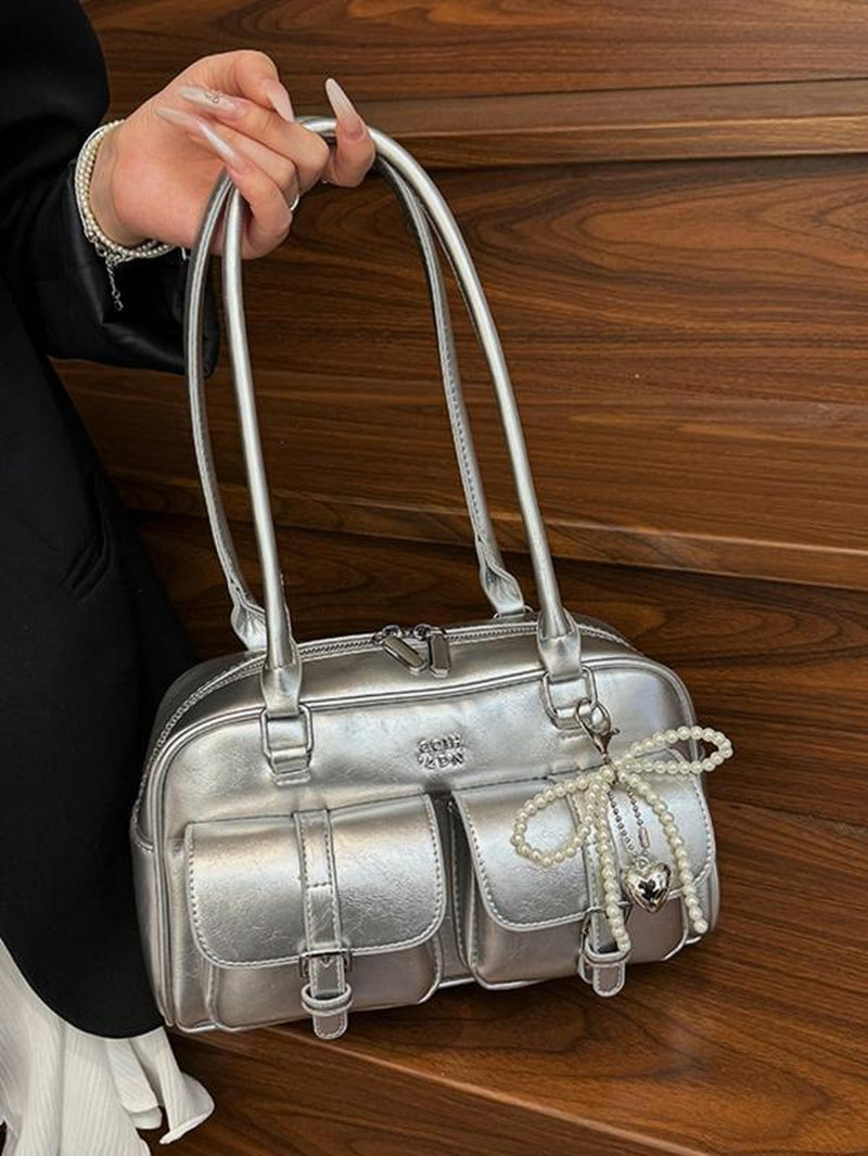 Women'S Retro Solid Color PU Leather Shoulder Bag, Large Capacity Crossbody Bag with Detachable Accessory Charm, Casual Trendy Versatile High-Quality Daily Commuting Bag