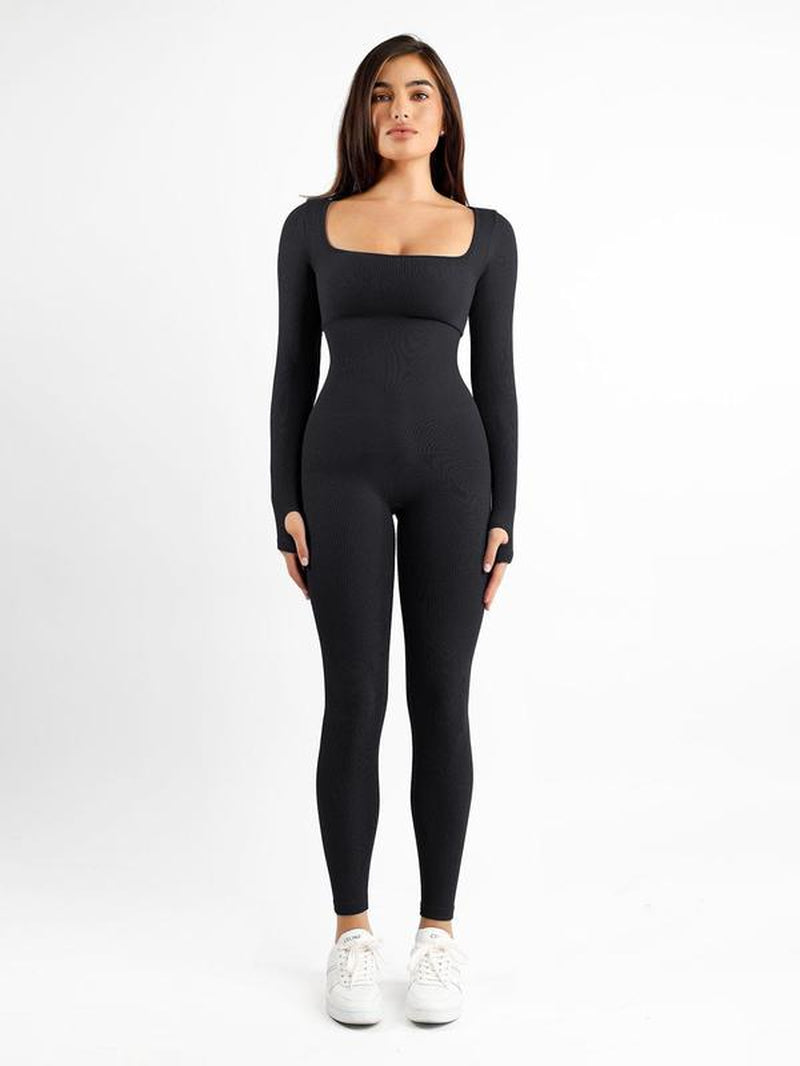 Popilush Sports Seamless Square Neck Long Sleeve Jumpsuits-Live