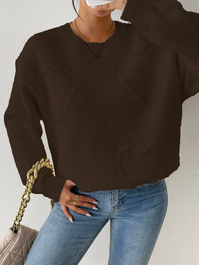 Women'S Heart Patched Drop Shoulder Sweater, Casual Soft Long Sleeve round Neck Jumper for Fall & Winter, Fashion Style Ladies' Knitwear for Daily Wear