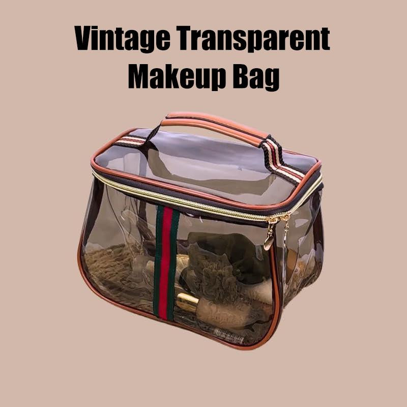 New Retro Vintage Vanity Bag, Vintage Makeup Bag, Ladies Large Capacity Makeup Organizer, Waterproof Transparent with Zipper Toiletry Bag, Women Ladies Travel Storage Case (Transparent Brown)