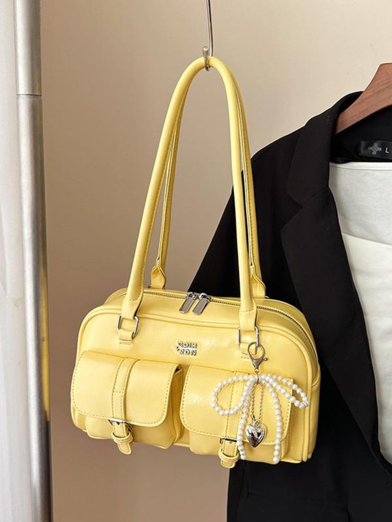 Women'S Retro Solid Color PU Leather Shoulder Bag, Large Capacity Crossbody Bag with Detachable Accessory Charm, Casual Trendy Versatile High-Quality Daily Commuting Bag