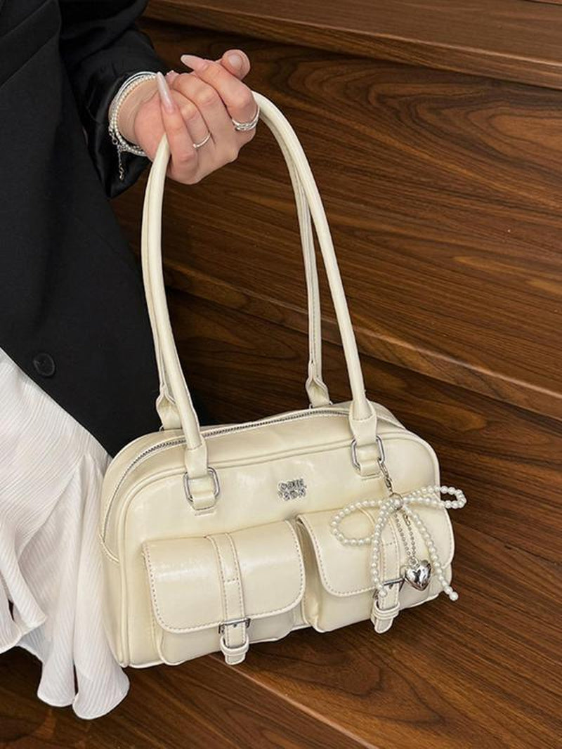 Women'S Retro Solid Color PU Leather Shoulder Bag, Large Capacity Crossbody Bag with Detachable Accessory Charm, Casual Trendy Versatile High-Quality Daily Commuting Bag