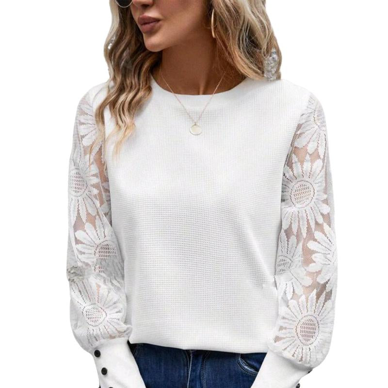 Huonwei Women Waffle Tops Long Sleeve Casual T Shirt Mesh Floral Blouse Crew Neck Loose Pullover Button Decor Tee Women'S Shirt for Christmas Halloween Party New Year Gift 118