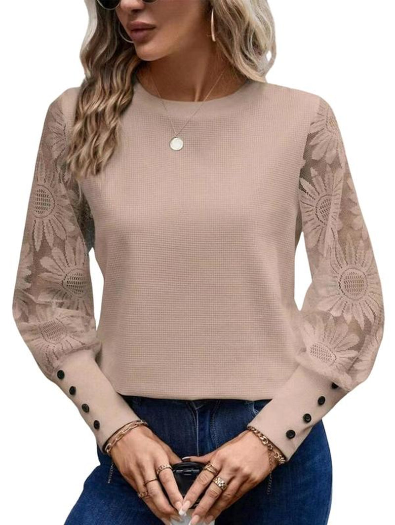 Huonwei Women Waffle Tops Long Sleeve Casual T Shirt Mesh Floral Blouse Crew Neck Loose Pullover Button Decor Tee Women'S Shirt for Christmas Halloween Party New Year Gift 118