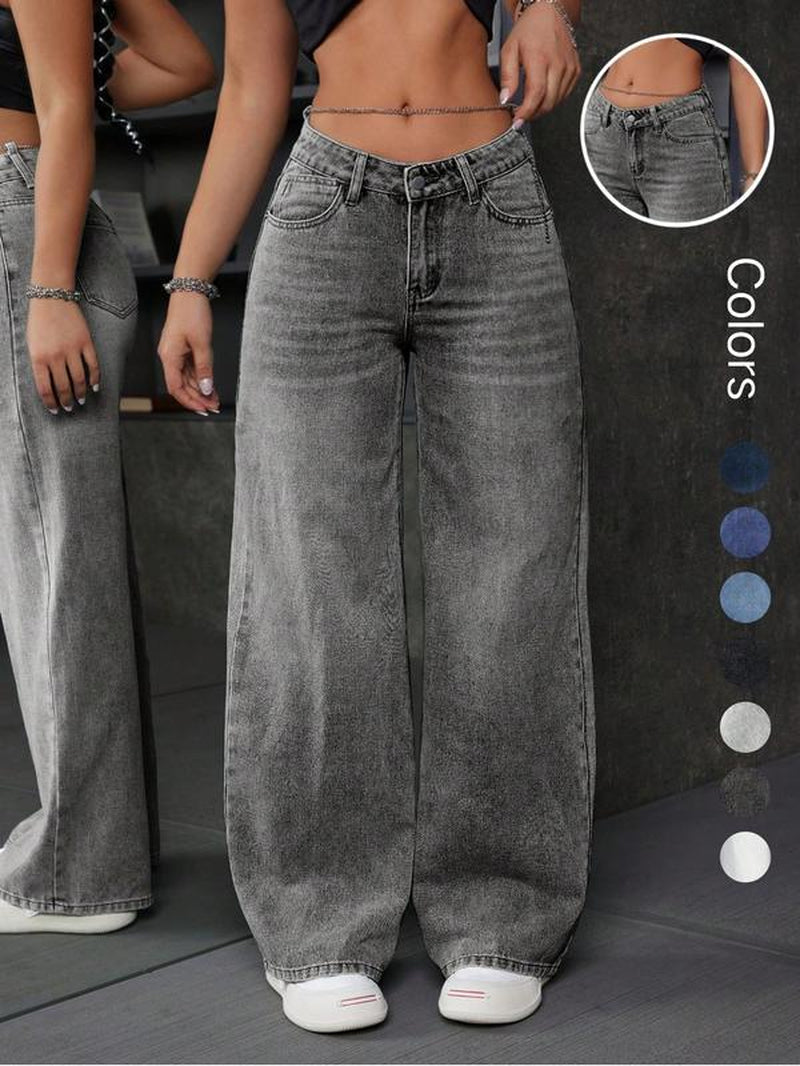 Women'S Wide Leg Jeans, Fashionable Casual Denim Jeans for Daily Wear, Women Trousers for All Seasons