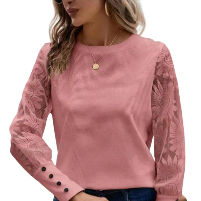 Huonwei Women Waffle Tops Long Sleeve Casual T Shirt Mesh Floral Blouse Crew Neck Loose Pullover Button Decor Tee Women'S Shirt for Christmas Halloween Party New Year Gift 118
