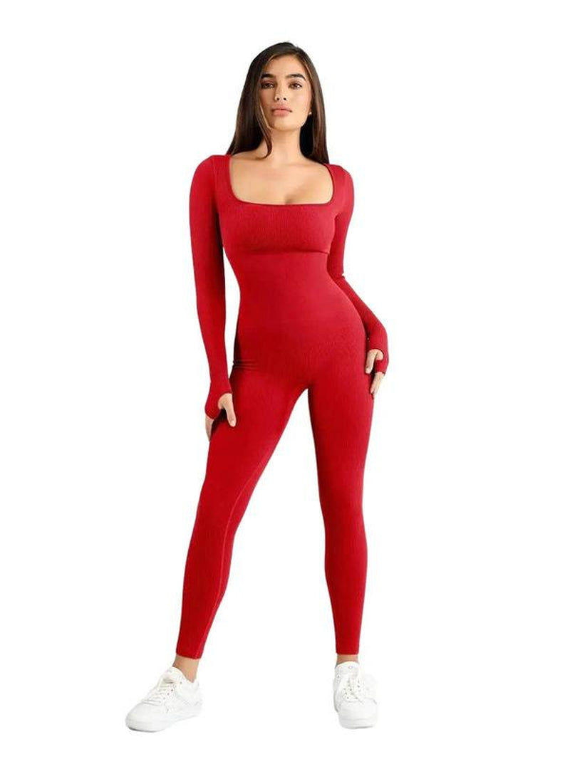 Popilush Sports Seamless Square Neck Long Sleeve Jumpsuits-Live