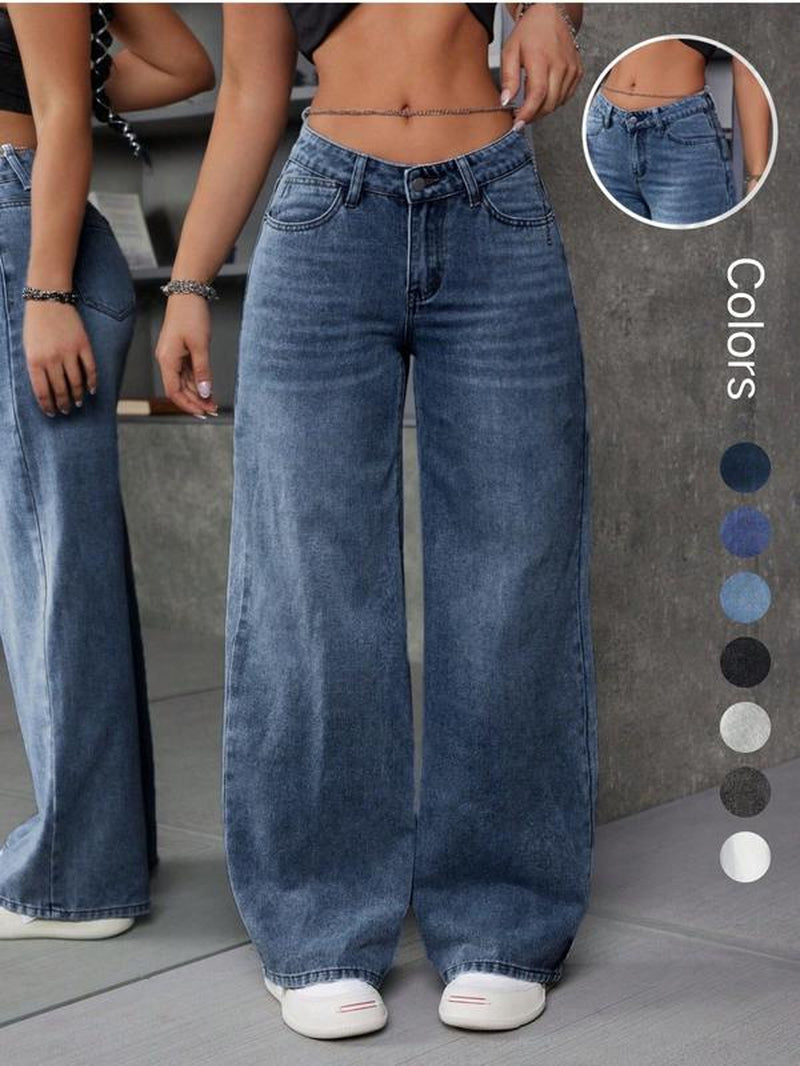 Women'S Wide Leg Jeans, Fashionable Casual Denim Jeans for Daily Wear, Women Trousers for All Seasons
