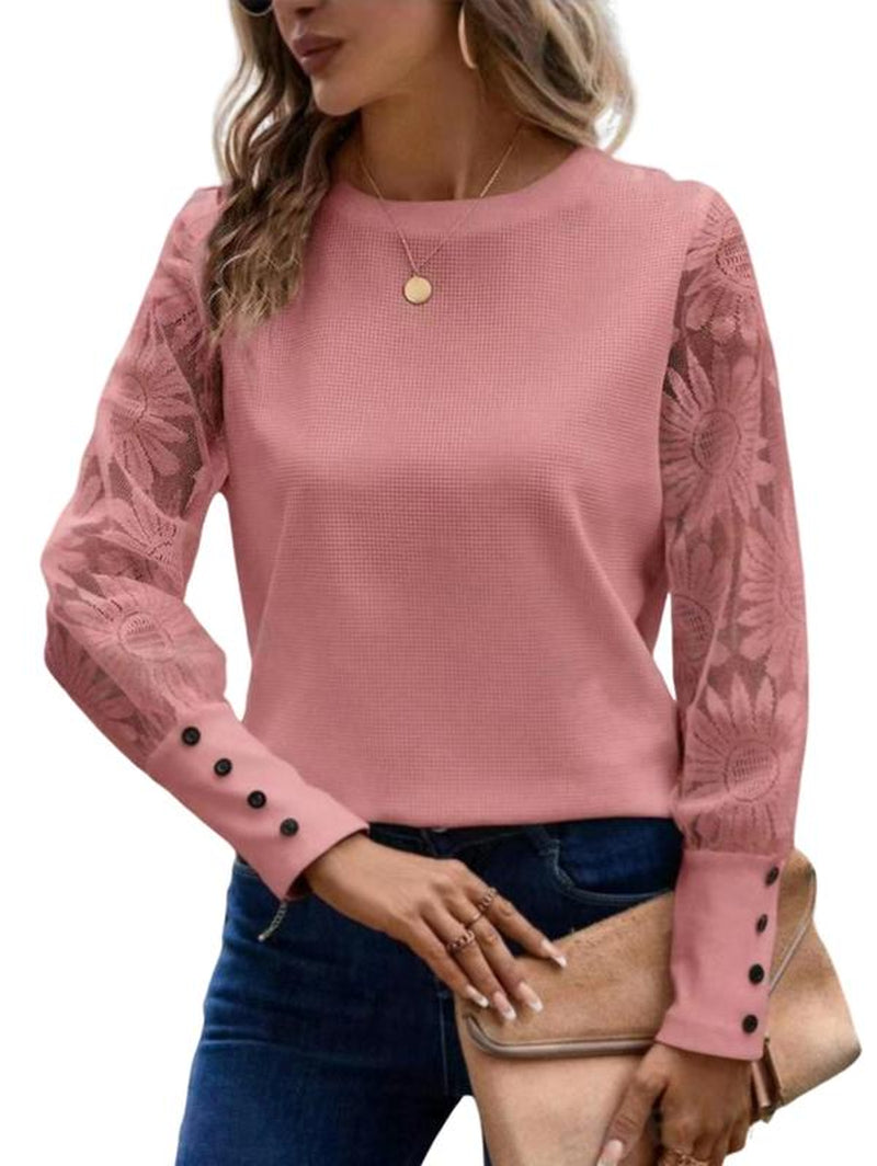 Huonwei Women Waffle Tops Long Sleeve Casual T Shirt Mesh Floral Blouse Crew Neck Loose Pullover Button Decor Tee Women'S Shirt for Christmas Halloween Party New Year Gift 118