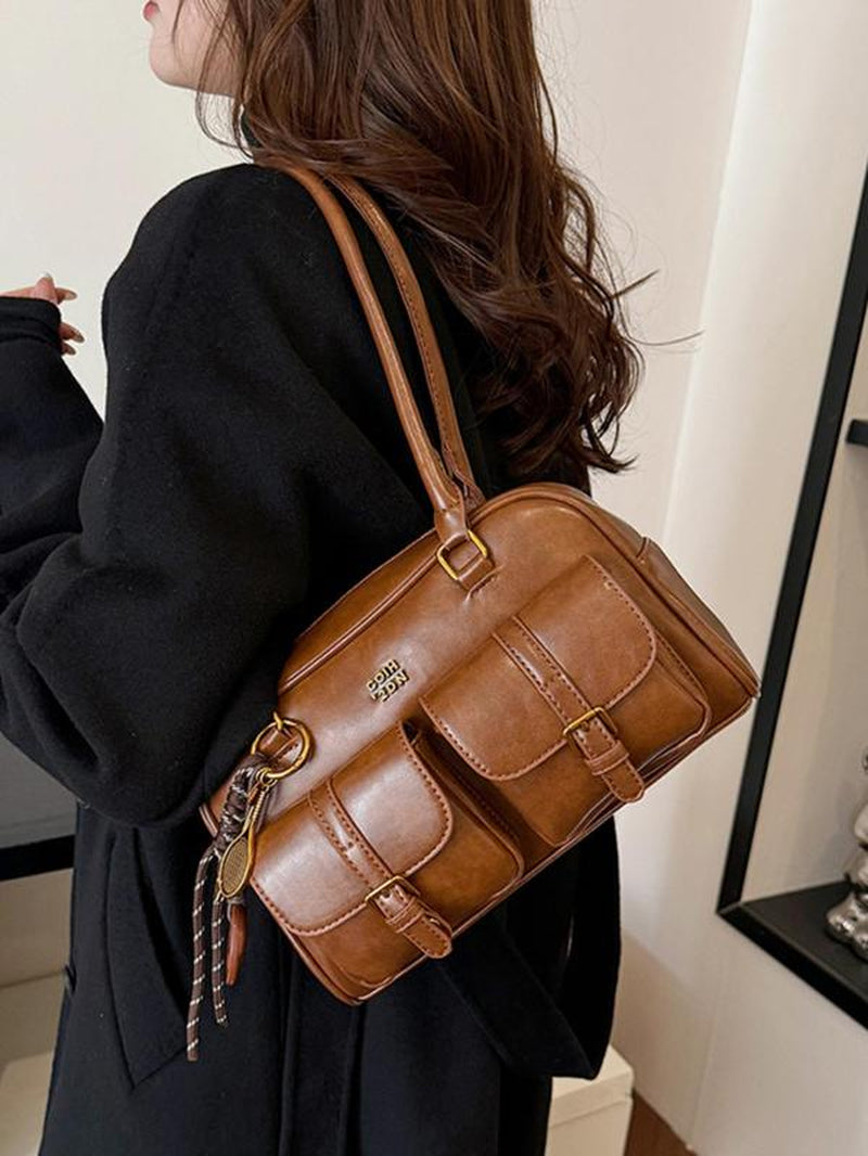 Women'S Retro Solid Color PU Leather Shoulder Bag, Large Capacity Crossbody Bag with Detachable Accessory Charm, Casual Trendy Versatile High-Quality Daily Commuting Bag
