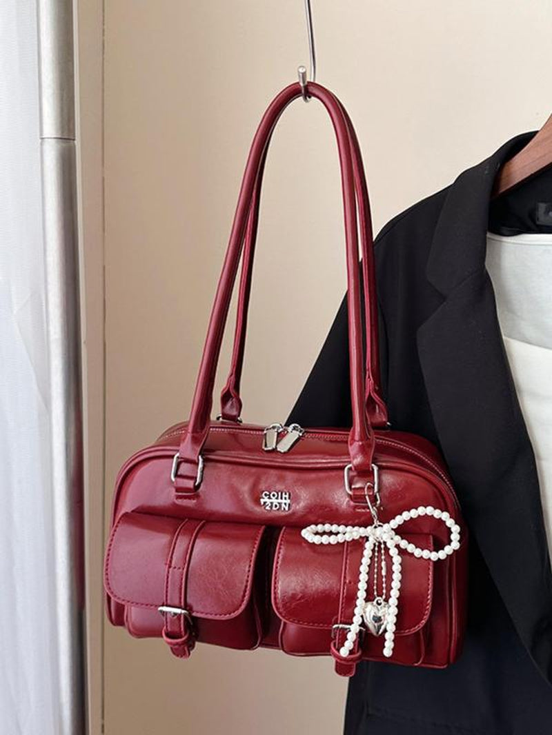 Women'S Retro Solid Color PU Leather Shoulder Bag, Large Capacity Crossbody Bag with Detachable Accessory Charm, Casual Trendy Versatile High-Quality Daily Commuting Bag