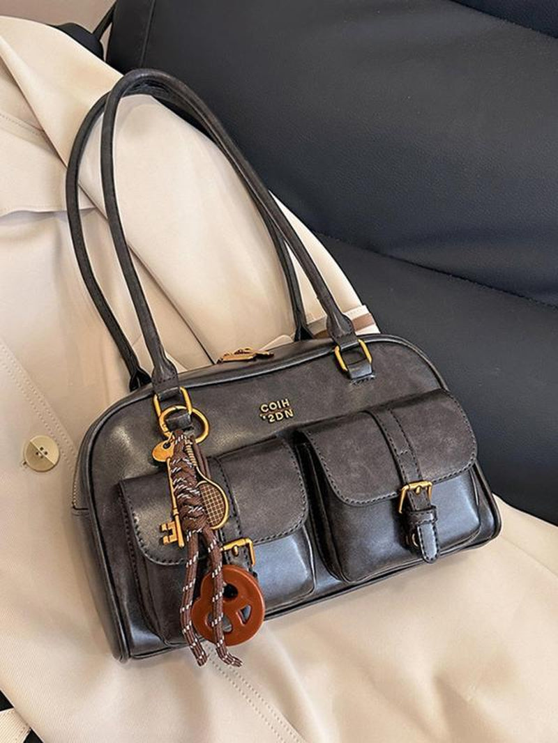 Women'S Retro Solid Color PU Leather Shoulder Bag, Large Capacity Crossbody Bag with Detachable Accessory Charm, Casual Trendy Versatile High-Quality Daily Commuting Bag