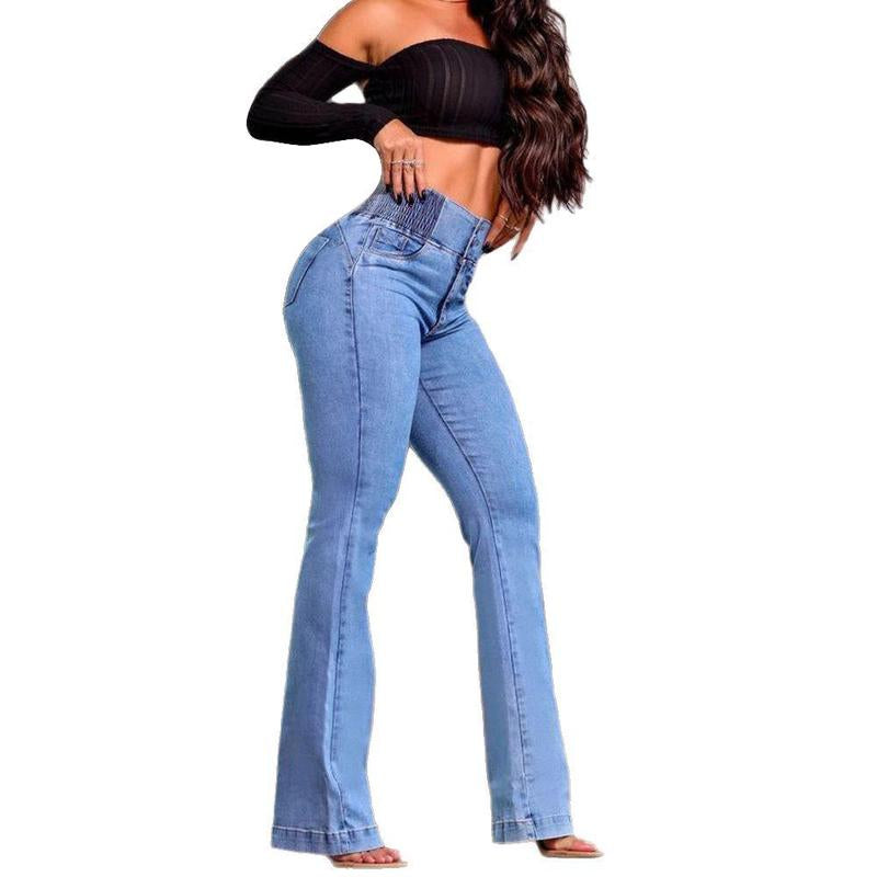 Fallfreshness Women'S High Waist Stretch Tights Flared Jeans Denim Trousers Elastic Waist Basic Minimalist Streetwear Pants