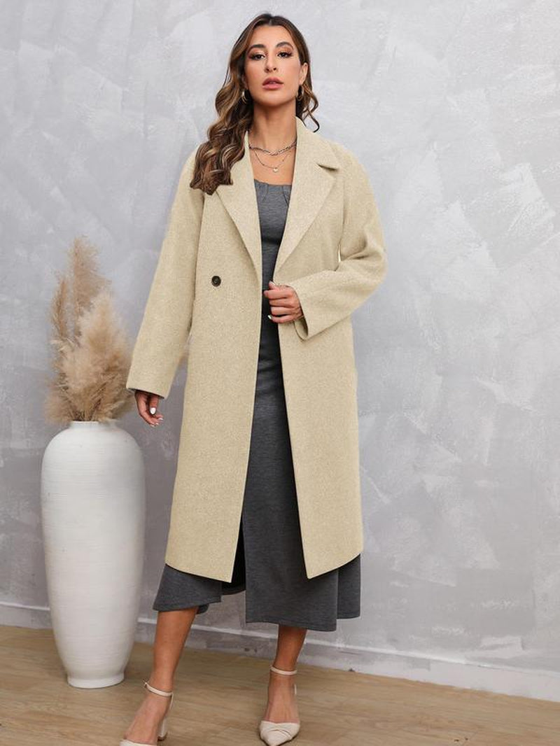 Women'S Plain Button Pocket Lapel Neck Coat without Dress, Casual Loose Solid Color Long Sleeve Outerwear for Fall & Winter, Women'S Clothing