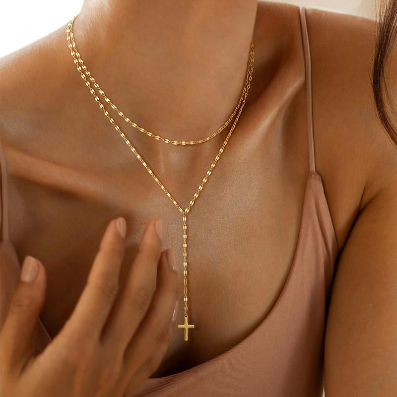 Tewiky Lariat Lip Chain Necklace&Earringsfor Women, Dainty Long Necklace Gold Y-Shaped Cross Pendant Necklace Trendy Layered Cz Beaded Chain Drop Necklaces Simple Gold Jewelry Set for Women Gift