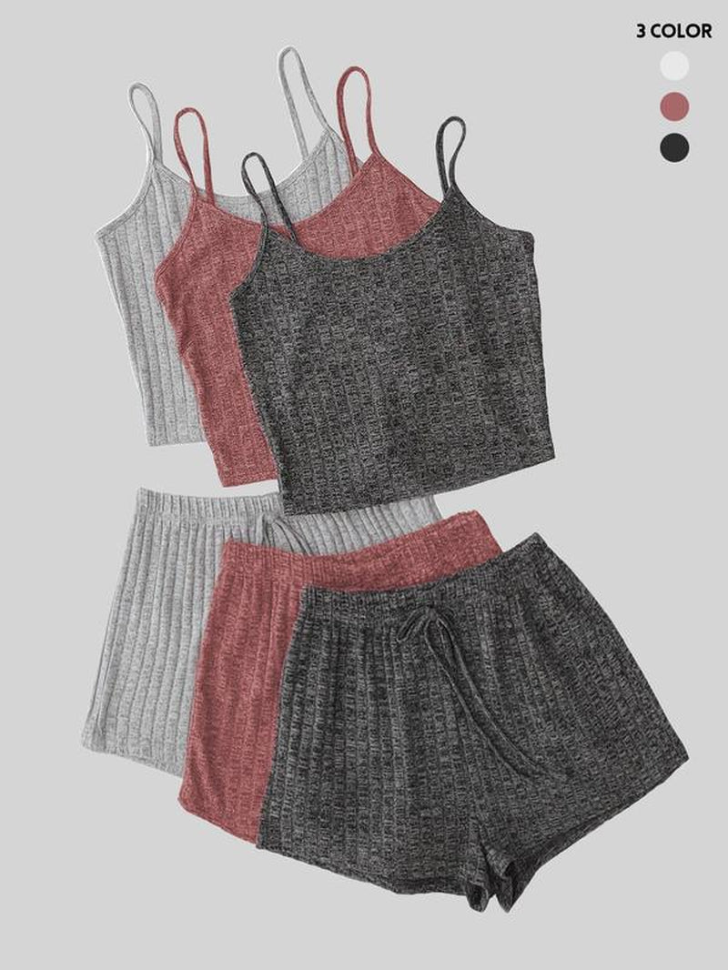 Women'S Plain Crop Cami Top & Tie Front Shorts Vintage Set, Summer Clothes, Casual Fit Spaghetti Strap Camisole & Shorts Set, Back to School Outfits, Women'S Clothes, Two Piece Set Women, Summer 2 Piece Set, Womenswear