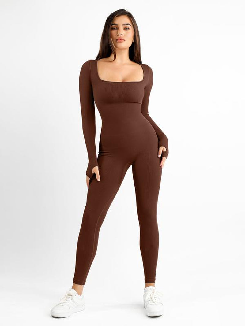 Popilush Sports Seamless Square Neck Long Sleeve Jumpsuits-Live