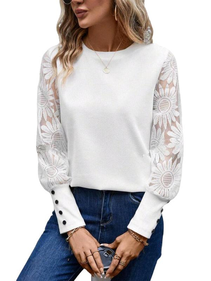 Huonwei Women Waffle Tops Long Sleeve Casual T Shirt Mesh Floral Blouse Crew Neck Loose Pullover Button Decor Tee Women'S Shirt for Christmas Halloween Party New Year Gift 118