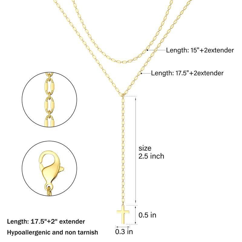 Tewiky Lariat Lip Chain Necklace&Earringsfor Women, Dainty Long Necklace Gold Y-Shaped Cross Pendant Necklace Trendy Layered Cz Beaded Chain Drop Necklaces Simple Gold Jewelry Set for Women Gift