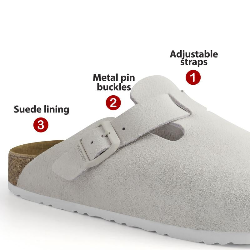 SOFTYOHO Clogs for Women Men, Mules with Arch Support and Adjustable Buckle, Suede Leather Cork Footbed Potato Shoes Footwear Boy Comfort Nail