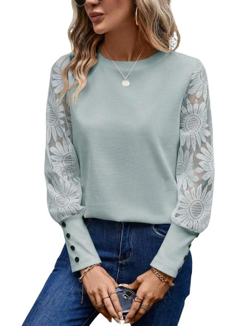 Huonwei Women Waffle Tops Long Sleeve Casual T Shirt Mesh Floral Blouse Crew Neck Loose Pullover Button Decor Tee Women'S Shirt for Christmas Halloween Party New Year Gift 118