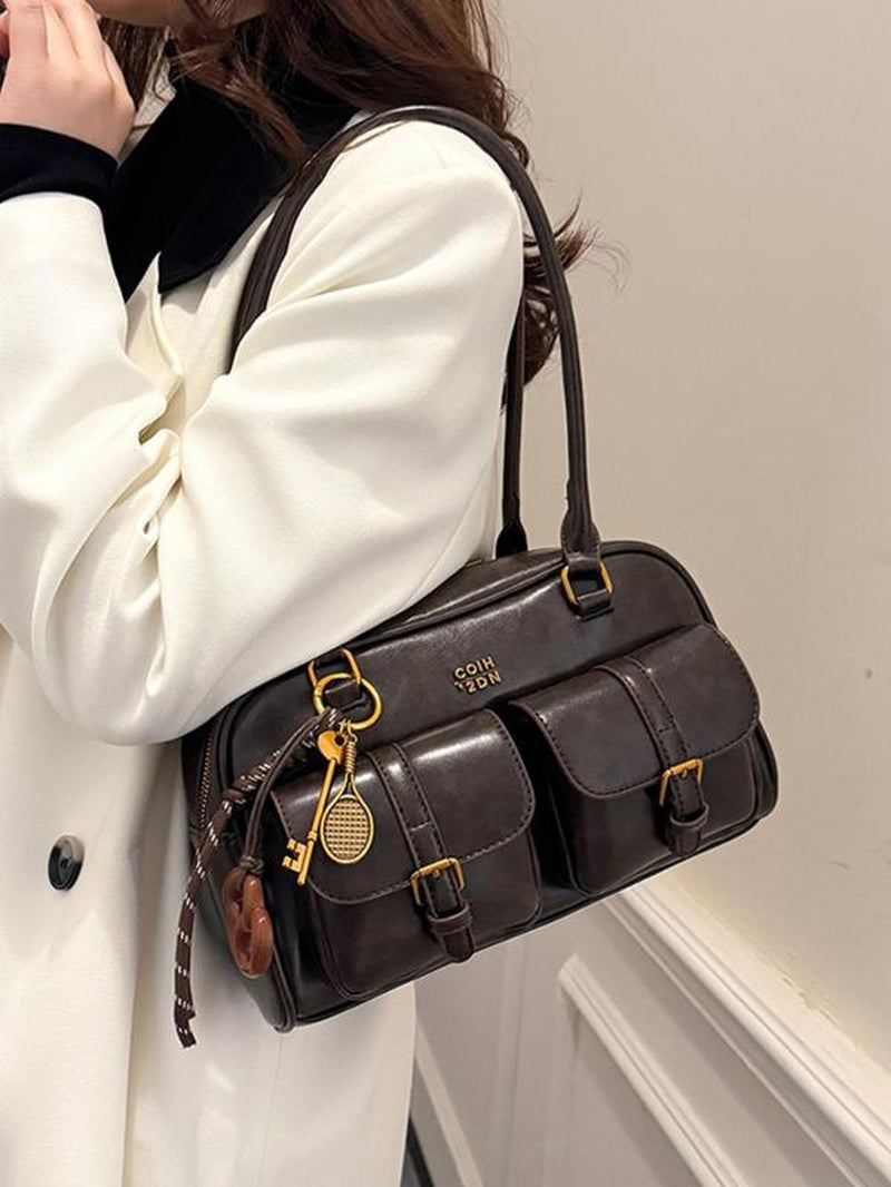 Women'S Retro Solid Color PU Leather Shoulder Bag, Large Capacity Crossbody Bag with Detachable Accessory Charm, Casual Trendy Versatile High-Quality Daily Commuting Bag