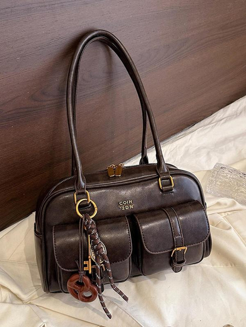 Women'S Retro Solid Color PU Leather Shoulder Bag, Large Capacity Crossbody Bag with Detachable Accessory Charm, Casual Trendy Versatile High-Quality Daily Commuting Bag