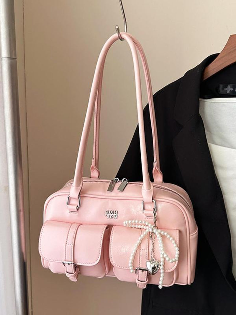 Women'S Retro Solid Color PU Leather Shoulder Bag, Large Capacity Crossbody Bag with Detachable Accessory Charm, Casual Trendy Versatile High-Quality Daily Commuting Bag