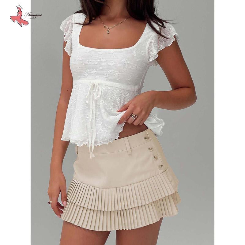 Women'S Summercropped Tops Flying Sleeve Square-Neck Tie Bow Front Jacquard T-Shirt