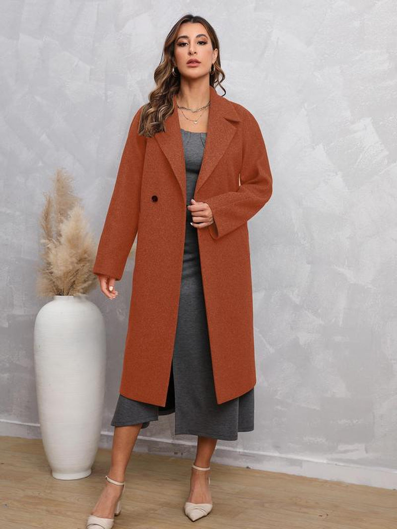 Women'S Plain Button Pocket Lapel Neck Coat without Dress, Casual Loose Solid Color Long Sleeve Outerwear for Fall & Winter, Women'S Clothing