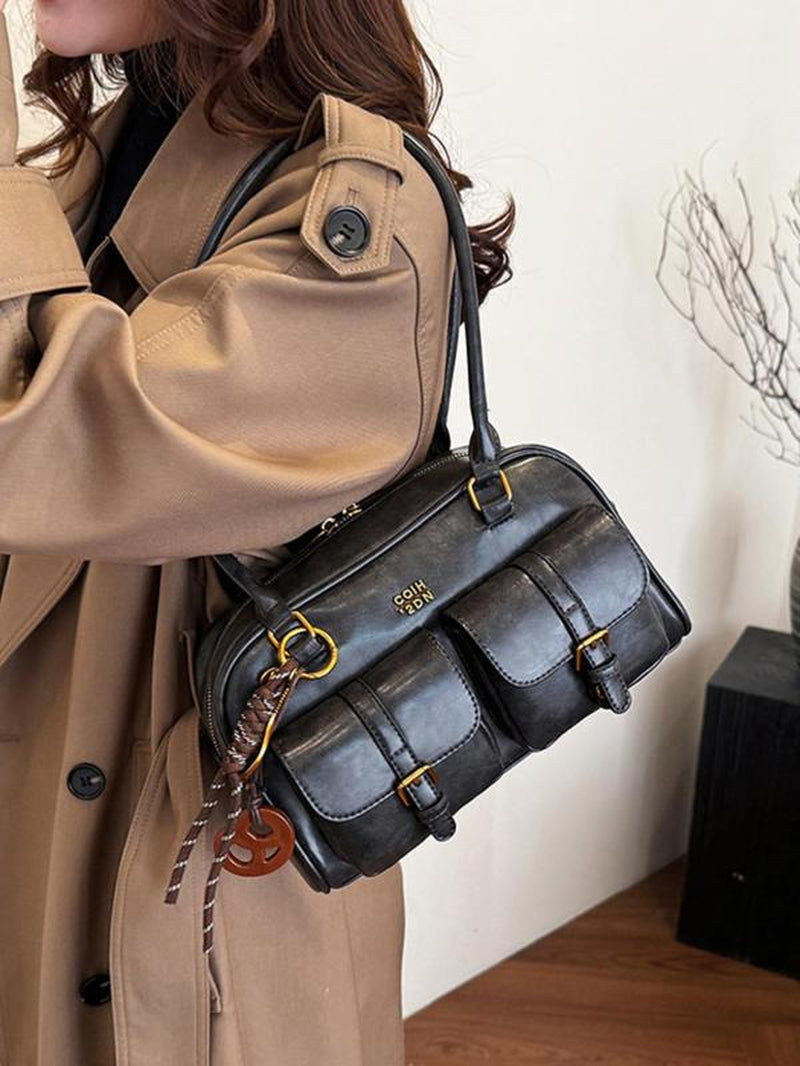 Women'S Retro Solid Color PU Leather Shoulder Bag, Large Capacity Crossbody Bag with Detachable Accessory Charm, Casual Trendy Versatile High-Quality Daily Commuting Bag