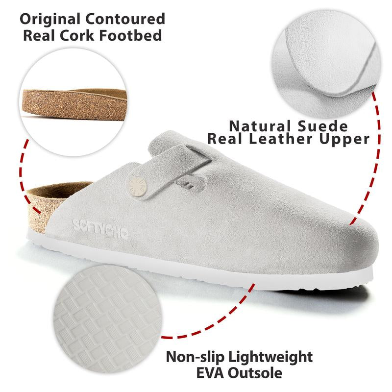 SOFTYOHO Clogs for Women Men, Mules with Arch Support and Adjustable Buckle, Suede Leather Cork Footbed Potato Shoes Footwear Boy Comfort Nail