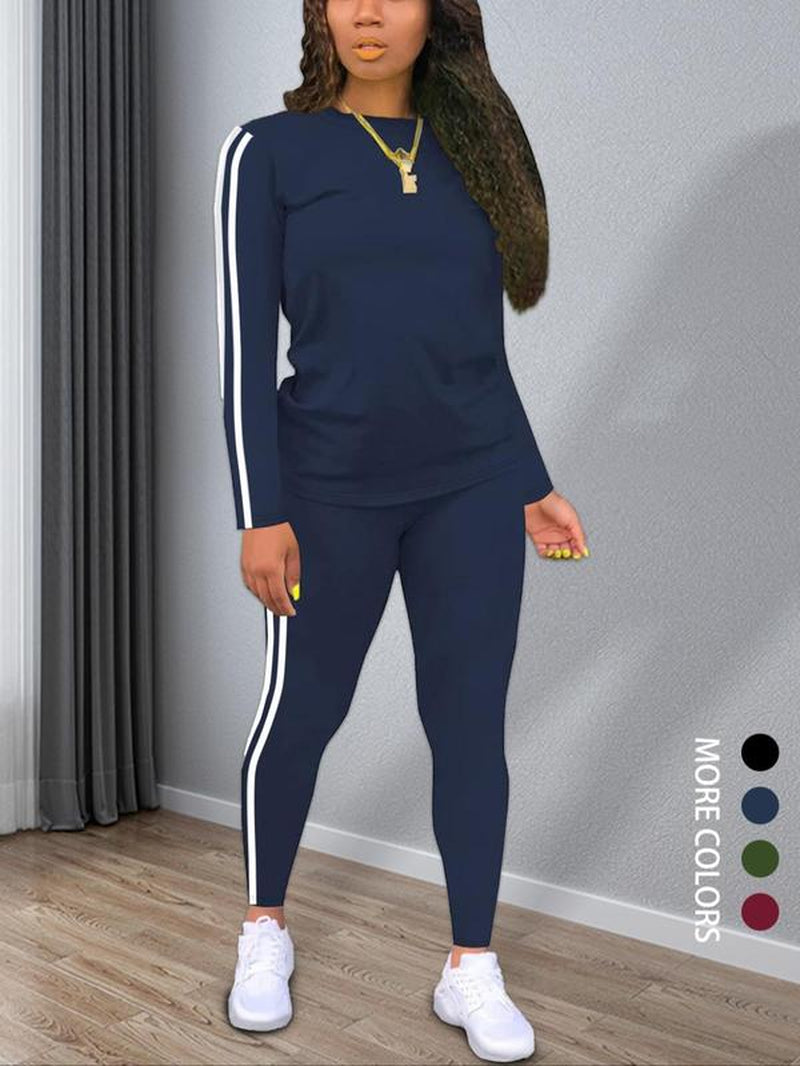 Women'S Striped Print Long Sleeve Top & Pants Two-Piece Set, Casual Fashion Cozy round Neck Top & Trousers for Daily Outdoor Wear, Ladies Clothes for Spring