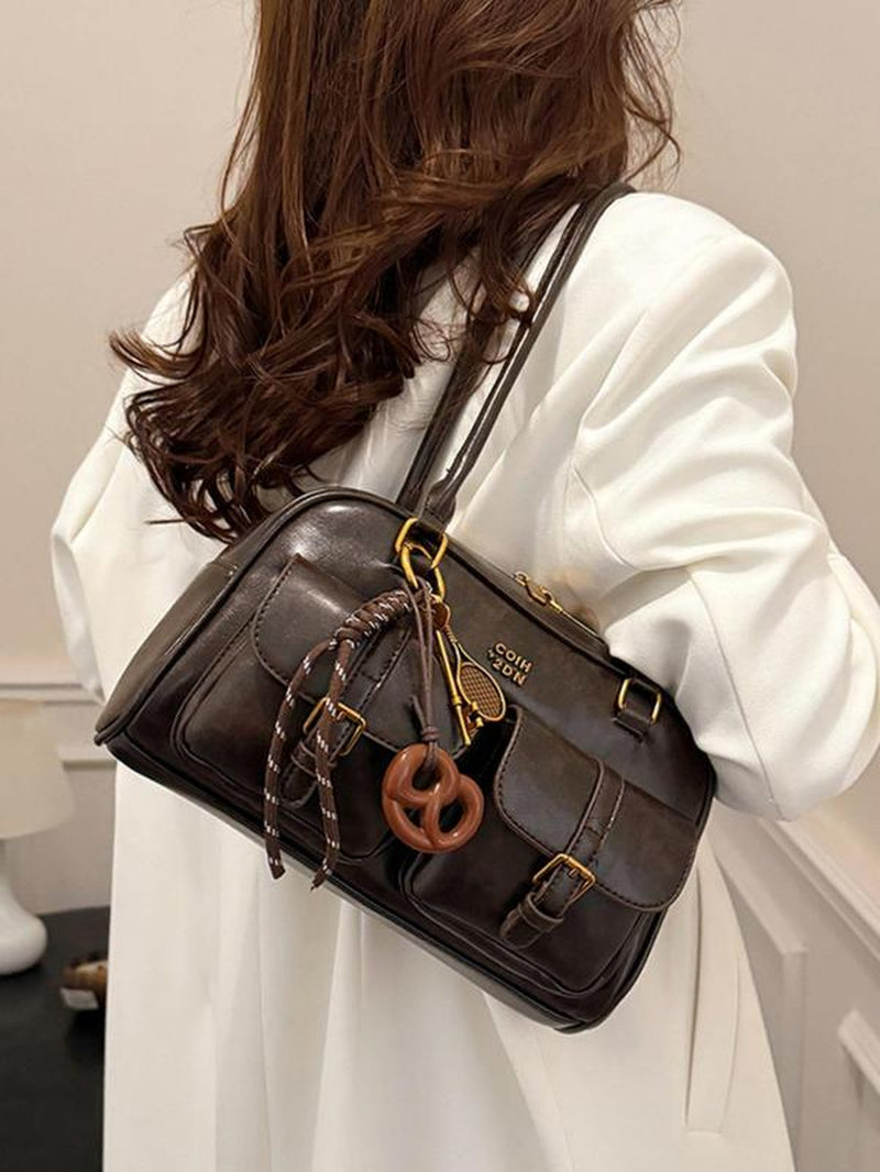 Women'S Retro Solid Color PU Leather Shoulder Bag, Large Capacity Crossbody Bag with Detachable Accessory Charm, Casual Trendy Versatile High-Quality Daily Commuting Bag