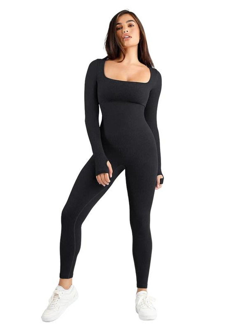 Popilush Sports Seamless Square Neck Long Sleeve Jumpsuits-Live