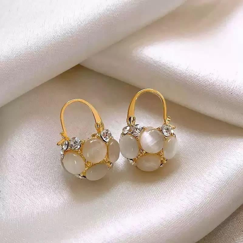 Cat Eye Basket Earrings 14K Gold Plated French Inspired Hoop Earrings with Sparkling Stones, Chic Elegant Fashion Jewelry for Women