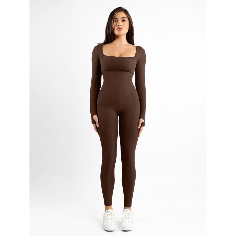 Popilush Sports Seamless Square Neck Long Sleeve Jumpsuits-Live