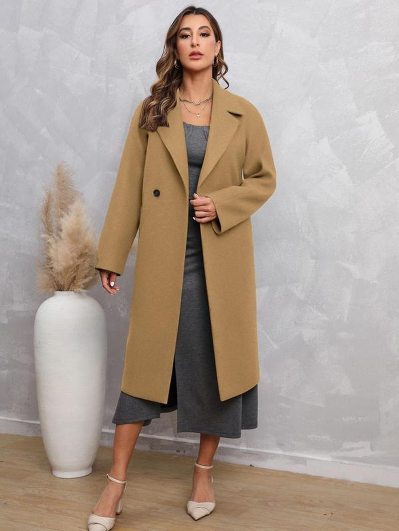 Women'S Plain Button Pocket Lapel Neck Coat without Dress, Casual Loose Solid Color Long Sleeve Outerwear for Fall & Winter, Women'S Clothing