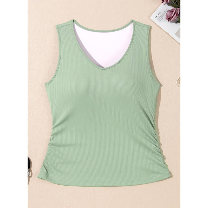 Dokotoo Tank Top with Built in Bra for Women Casual Summer Sleeveless Tops Slim Fitted V Neck Ruched Cami Shirts