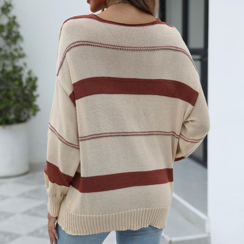 Long-Sleeved Shirt with Long Sleeves Women'S Autumn Striped Sweater V-Neck Striped Sweater，One-Shoulder Sweater，New Autumn Styles，Striped Knitted Sweater，Neutral Sweater