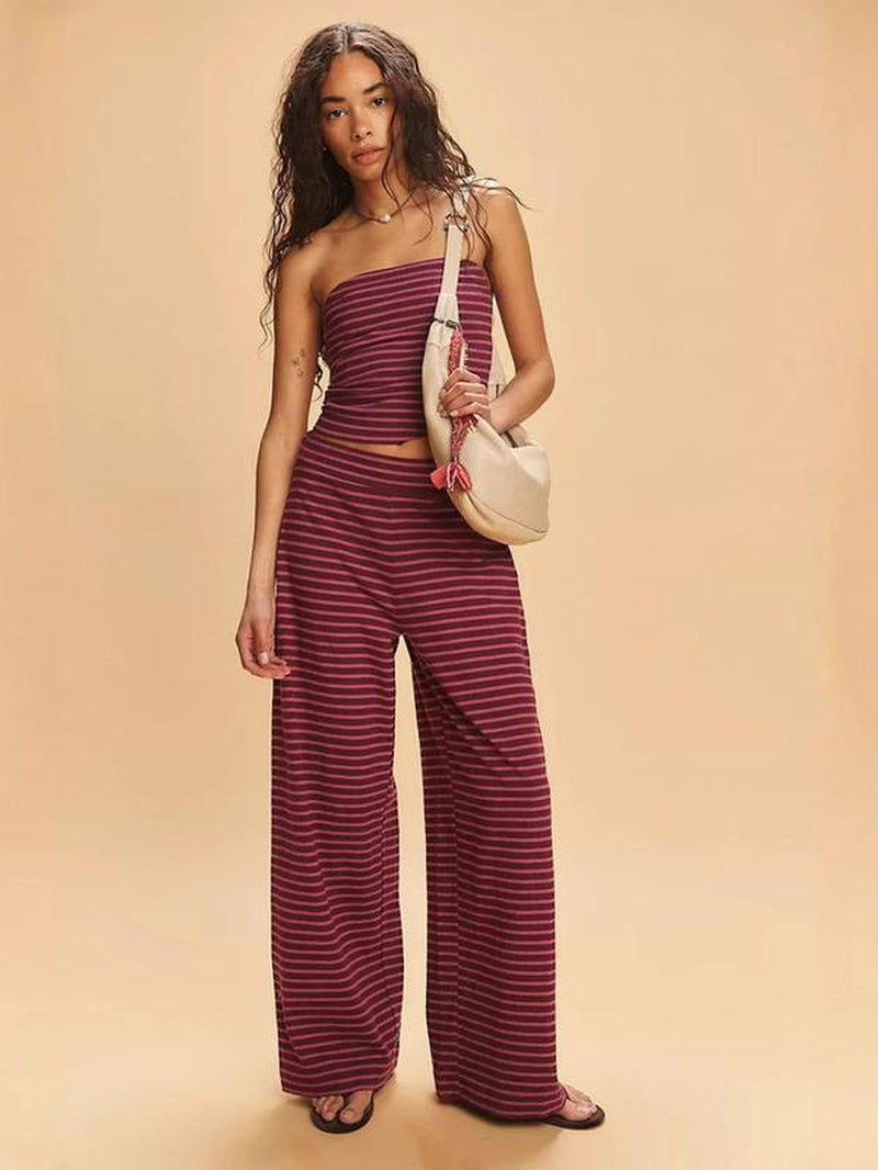 Women'S Striped Print Crop Tube Top & Wide Leg Pants Set, Street Fashion Casual Two-Piece Set for Daily Wear, Ladies Summer Clothes, Cute Summer Outfit