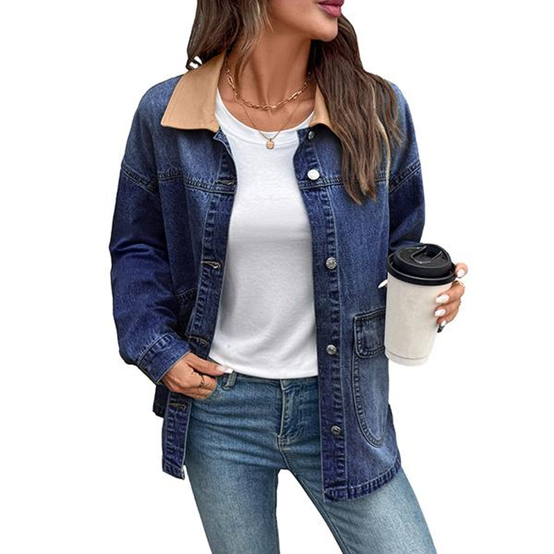 EVALESS Casual Fall Jacket for Women,Lady Plain Loose Fit Cotton Denim Jacket,Lapel Long Sleeve Button down Lightweight Coats with Pocket,2025 Fashion Womenswear Fall Winter Outfits