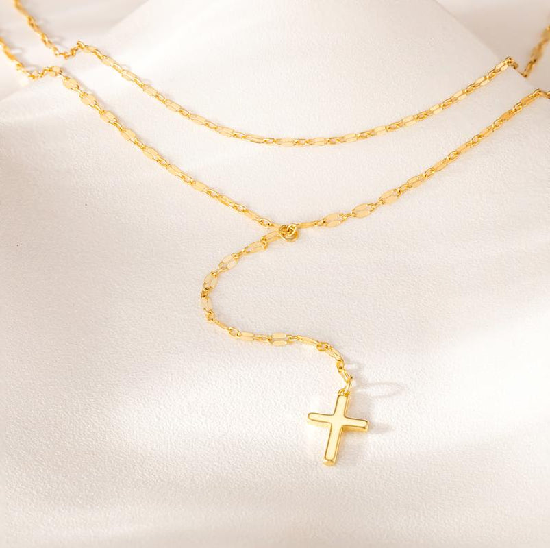 Tewiky Lariat Lip Chain Necklace&Earringsfor Women, Dainty Long Necklace Gold Y-Shaped Cross Pendant Necklace Trendy Layered Cz Beaded Chain Drop Necklaces Simple Gold Jewelry Set for Women Gift